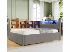 Merax Cama Diván|Cama Con Almacenaje|Sofá cama extraíble tapizado - 140 x 200 cm + 90 x 190 cm - LED y enchufes - con almacenaje - Tejido de franela - claro