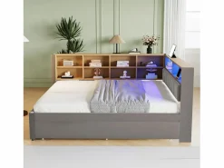 Merax Cama Diván|Cama Con Almacenaje|Sofá cama extraíble tapizado - 140 x 200 cm + 90 x 190 cm - LED y enchufes - con almacenaje - Tejido de franela - claro