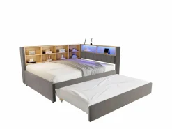 Merax Cama Diván|Cama Con Almacenaje|Sofá cama extraíble tapizado - 140 x 200 cm + 90 x 190 cm - LED y enchufes - con almacenaje - Tejido de franela - claro