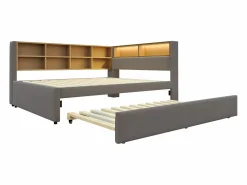 Merax Cama Diván|Cama Con Almacenaje|Sofá cama extraíble tapizado - 140 x 200 cm + 90 x 190 cm - LED y enchufes - con almacenaje - Tejido de franela - claro