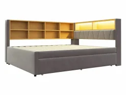 Merax Cama Diván|Cama Con Almacenaje|Sofá cama extraíble tapizado - 140 x 200 cm + 90 x 190 cm - LED y enchufes - con almacenaje - Tejido de franela - claro