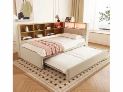 Merax Cama Diván|Sofá cama extraíble tapizado - 90 x 200 cm + 90 x 190 cm - LED y enchufes - con almacenaje - Tejido de franela -