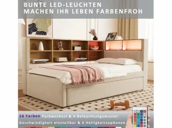 Merax Cama Diván|Sofá cama extraíble tapizado - 90 x 200 cm + 90 x 190 cm - LED y enchufes - con almacenaje - Tejido de franela -