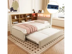 Merax Cama Diván|Sofá cama extraíble tapizado - 90 x 200 cm + 90 x 190 cm - LED y enchufes - con almacenaje - Tejido de franela -