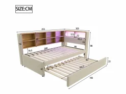 Merax Cama Diván|Sofá cama extraíble tapizado - 90 x 200 cm + 90 x 190 cm - LED y enchufes - con almacenaje - Tejido de franela -