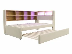 Merax Cama Diván|Sofá cama extraíble tapizado - 90 x 200 cm + 90 x 190 cm - LED y enchufes - con almacenaje - Tejido de franela -