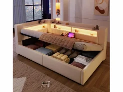 Merax Cama Diván|Sofá cama hidráulico con almacenaje para niños - 90 x 200 cm - con USB + Tipo C + LED + almacenaje - lino -