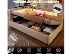 Merax Cama Diván|Sofá cama hidráulico con almacenaje para niños - 90 x 200 cm - con USB + Tipo C + LED + almacenaje - lino -