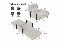 Sofá cama individual convertible - Terciopelo - Sillón y respaldo ajustables en 5 posiciones - Beige Sale