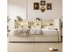Hauss Spole Cama Diván|Sofá cama individual 90x200 cm con 2 cajones, USB + Tipo C y almacenaje, tejido lino