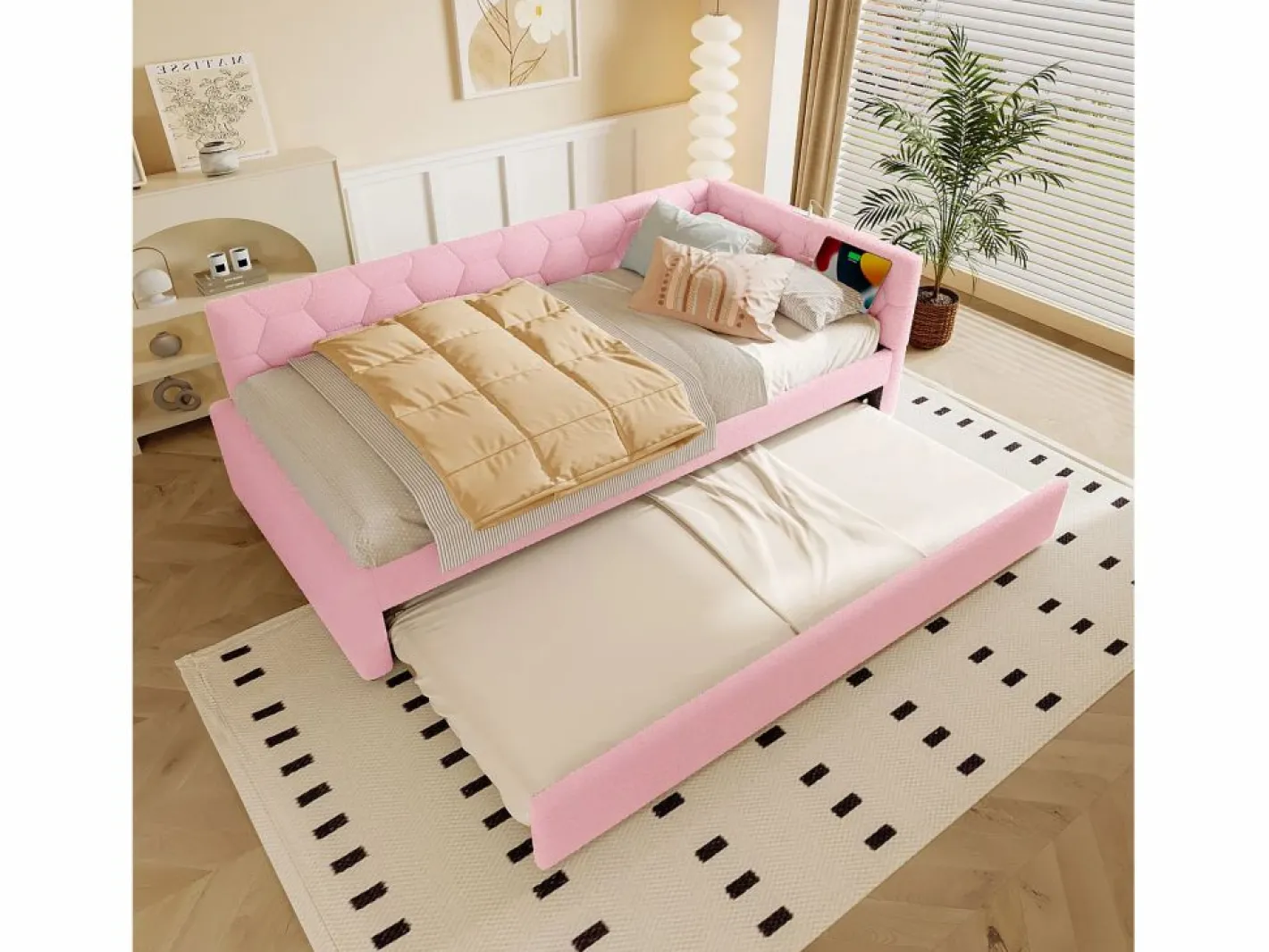 Merax Cama Nido|Sofá cama infantil - 90 x 200 cm + 90 x 190 cm - con lámpara de noche + USB - terciopelo -