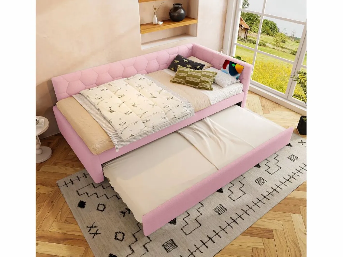 Merax Cama Nido|Sofá cama infantil - 90 x 200 cm + 90 x 190 cm - con lámpara de noche + USB - terciopelo -