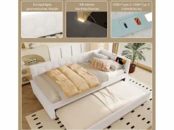 Merax Sofá cama infantil - 90 x 200 cm + 90 x 190 cm - con lámpara de noche + USB - terciopelo - rosa Blanco Clearance