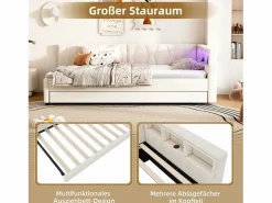 Merax Sofá cama infantil - 90 x 200 cm - espacio de almacenaje sobre la cama - con USB + LED - con cama nido 90 x 190 cm - lino + MDF - Beige Hot