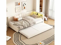 Merax Sofá cama infantil - 90 x 200 cm - espacio de almacenaje sobre la cama - con USB + LED - con cama nido 90 x 190 cm - lino + MDF - Beige Hot