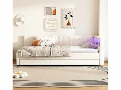 Merax Sofá cama infantil - 90 x 200 cm - espacio de almacenaje sobre la cama - con USB + LED - con cama nido 90 x 190 cm - lino + MDF - Beige Hot