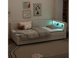 Merax Sofá cama infantil - 90 x 200 cm - espacio de almacenaje sobre la cama - con USB + LED - con cama nido 90 x 190 cm - lino + MDF - Beige Hot