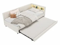 Merax Sofá cama infantil - 90 x 200 cm - espacio de almacenaje sobre la cama - con USB + LED - con cama nido 90 x 190 cm - lino + MDF - Beige Hot