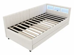 Merax Sofá cama infantil - 90 x 200 cm - espacio de almacenaje sobre la cama - con USB + LED - con cama nido 90 x 190 cm - lino + MDF - Beige Hot