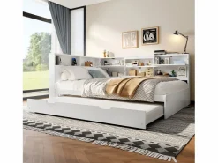 Merax Cama Diván|Sofá cama infantil - 140 x 200 cm + 90 x 190 cm - cama nido - cabecero con almacenaje - madera + MDF -