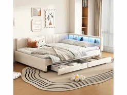 Merax Cama Diván|Sofá cama infantil - 140 x 200 cm - cabecero con almacenaje + LED - 2 cajones - lino -