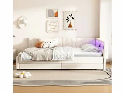 Merax Cama Diván|Sofá cama infantil - 140 x 200 cm - cabecero con almacenaje + LED - 2 cajones - lino -