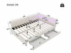 Merax Cama Diván|Sofá cama infantil - 140 x 200 cm - cabecero con almacenaje + LED - 2 cajones - lino -