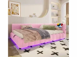 Sofá cama infantil - 140 x 200 cm - con LED + almacenaje hidráulico + USB - terciopelo -^Merax
