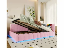 Sofá cama infantil - 140 x 200 cm - con LED + almacenaje hidráulico + USB - terciopelo -^Merax