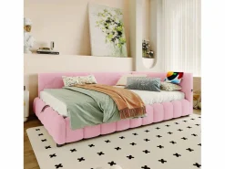 Sofá cama infantil - 140 x 200 cm - con LED + almacenaje hidráulico + USB - terciopelo -^Merax