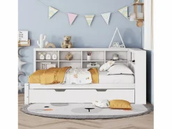 Merax Sofá cama infantil de 140 x 200 cm con cama nido de 90 x 190 cm - con puerto USB y amplio espacio de almacenamiento - madera - Blanco Clearance