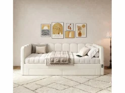 Sofá cama infantil tapizado - 90/180 x 190 cm - con 2 cajones + puerto USB - lino -^Merax Sale