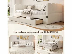 Sofá cama infantil tapizado - 90/180 x 190 cm - con 2 cajones + puerto USB - lino -^Merax Sale