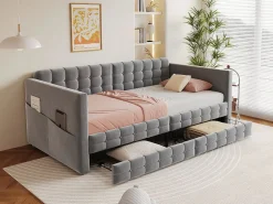 Merax Sofá cama infantil tapizado - 90 x 190 cm - con 2 cajones - terciopelo - Gris Clearance