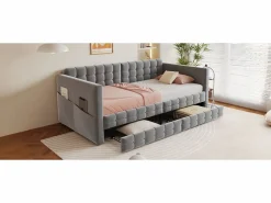 Merax Sofá cama infantil tapizado - 90 x 190 cm - con 2 cajones - terciopelo - Gris Clearance