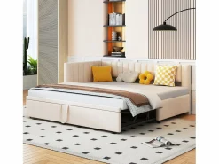 Hauss Spole Sofá cama infantil 90/180x200cm en terciopelo convertible, con respaldo y cabecero acolchados, sin colchón Beige New