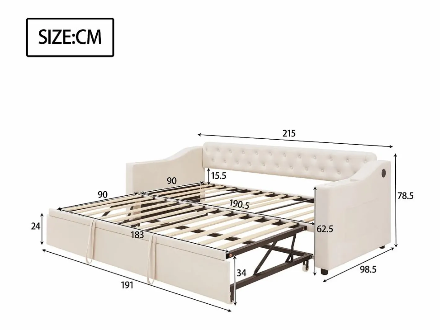 Hauss Spole Cama Nido|Sofá cama infantil 90/180x190cm convertible en terciopelo , con puertos USB y toma de corriente, sin colchón