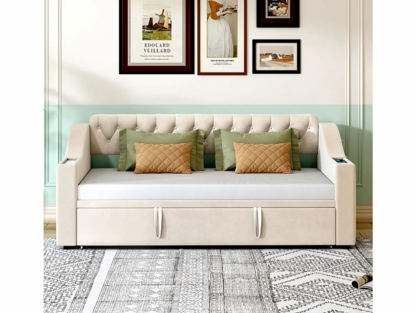 Hauss Spole Cama Nido|Sofá cama infantil 90/180x190cm convertible en terciopelo , con puertos USB y toma de corriente, sin colchón