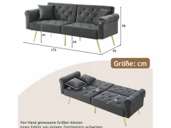Sofá cama moderno de 2 plazas – 173 x 75 x 70 cm – Respaldo regulable en 3 niveles + patas de metal dorado – Terciopelo –^Merax