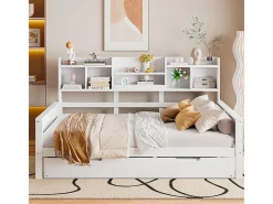 ModernLuxe Sofá cama nido 140x200 cm - Cama nido 90x190 cm - con almacenamiento - somier de láminas - pino macizo - (colchón no incluido) Blanco Hot