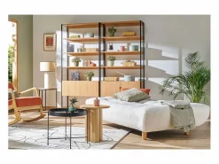 Miliboo Sofá cama nórdico 3 plazas de borreguillo y madera clara YUMI Blanco Discount