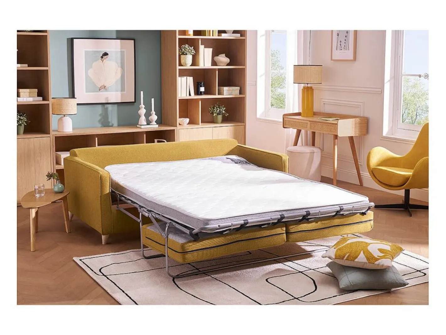 Miliboo Sofá cama 3 plazas nórdico comino con colchón de 10 cm PAPEL Amarillo
