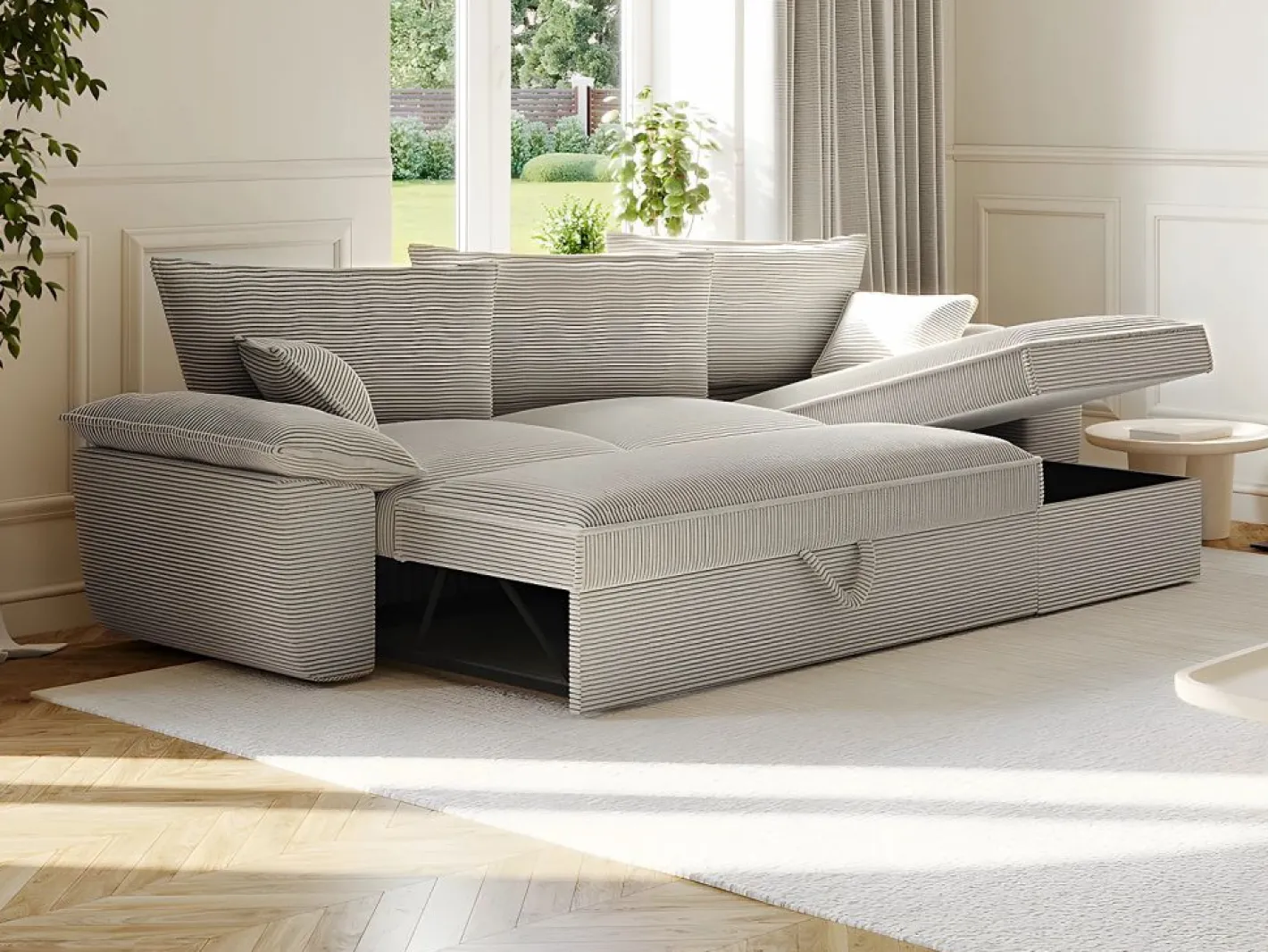 Vente-unique Sofá cama rinconera derecha de pana cerma de estilo charme francés vintage GUILLERMO Gris claro Clearance