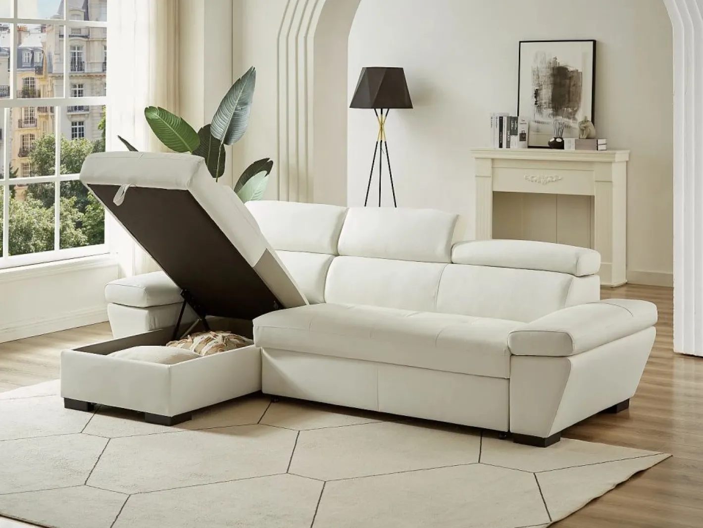 LINEA SOFA Sofá cama rinconera ángulo izquierdo bimateria piel JONOVA - Blanco