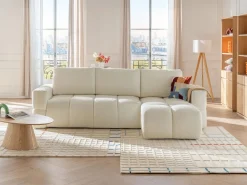 Sofá cama rinconera reversible de tela de felpa crema ISSORO^Vente-unique Online