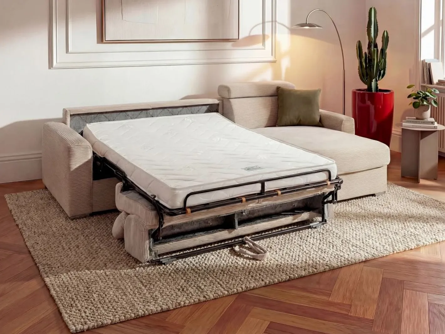 Vente-unique Sofás Y Sillones|Sofá cama rinconera tipo italiano de pana - Colchón de láminas de 160 cm VIZIR