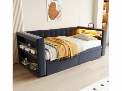 Merax Sofá cama tapizado - 90 x 190 cm - con LED + enchufe + 2 cajones + estante - Franela - oscuro Gris Outlet