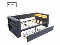 Merax Sofá cama tapizado - 90 x 190 cm - con LED + enchufe + 2 cajones + estante - Franela - oscuro Gris Outlet