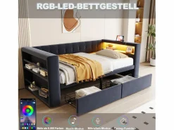 Merax Sofá cama tapizado - 90 x 190 cm - con LED + enchufe + 2 cajones + estante - Franela - oscuro Gris Outlet