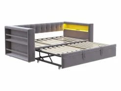 Merax Sofá cama tapizado - 90/180 x 190 cm - con LED + enchufe + cama nido + estante - Franela - oscuro Gris Sale